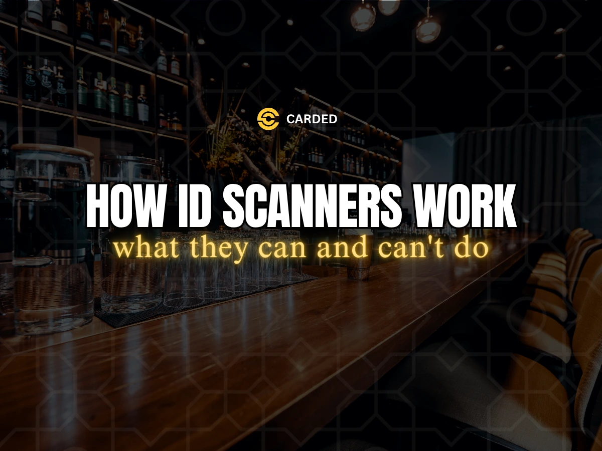 How ID scanners work for bars, a Carded guide, over a photo of a bar interior