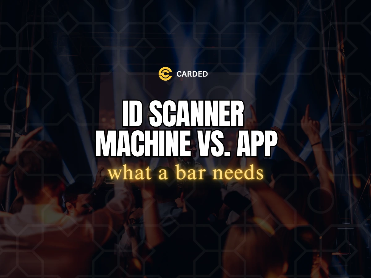 An ID scanner machine next to a phone app, a Carded comparison over a photo of a bar entrance